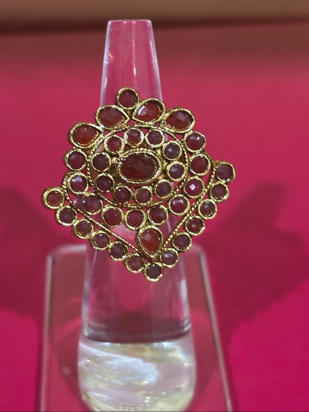 Gold-Tone Red Stone Filigree Statement Ring